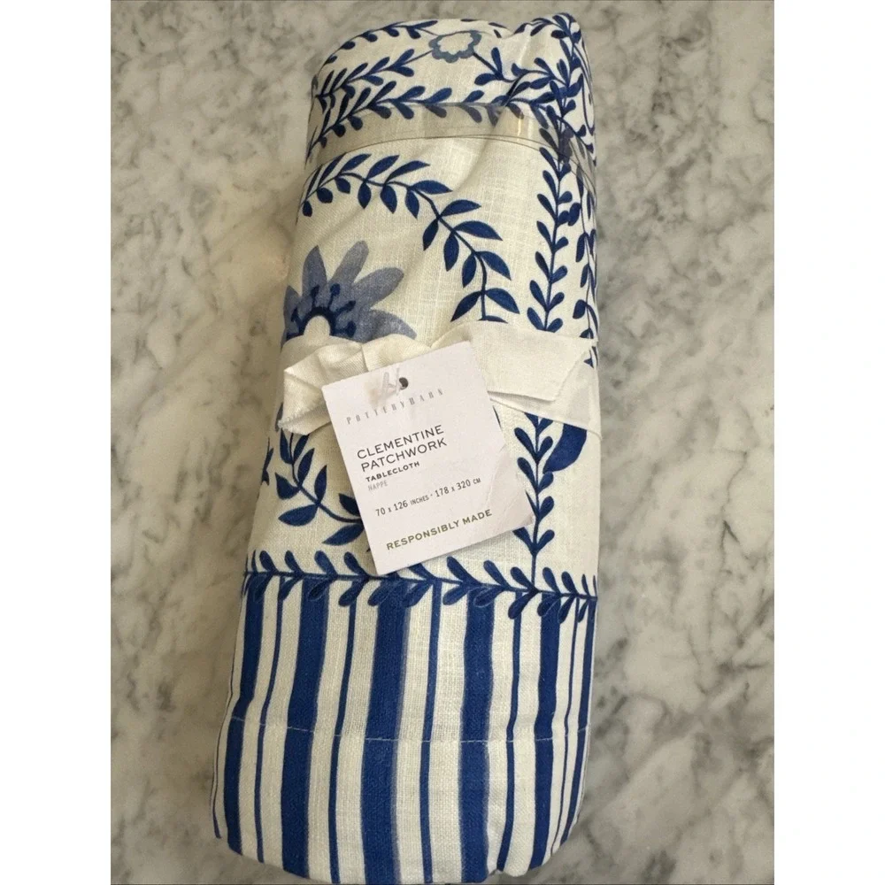 Pottery Barn Mark D Sikes Clementine Patchwork Tablecloth Blue 70
